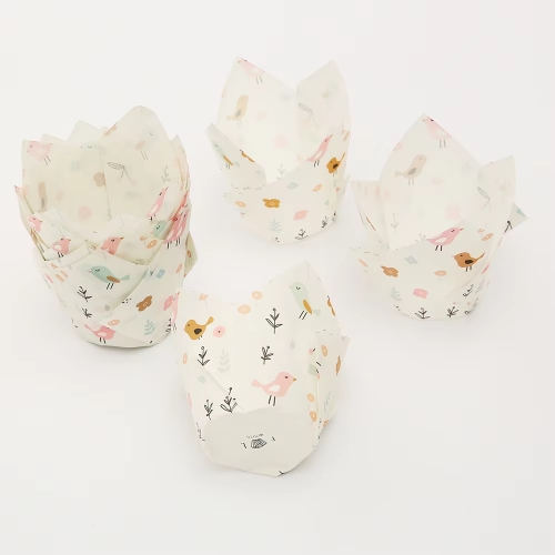 white color 150 mm Middle grease proof paper Muffin Tulip Baking Cups with birds printing