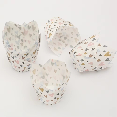 white color 150 mm Tulip Baking Cups with heart printing